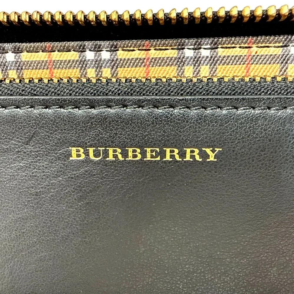 VTG Burberry Zip Around Wallet Clutch Black Leather House Check Canvas Preppy